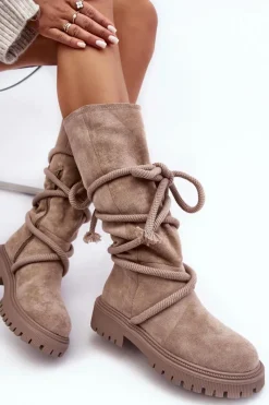 Zamszowe Kozaki Damskie Z Wiązaniem Beżowe Tanive Damskie Kozaki Płaskie|Kozaki Przed Kolano