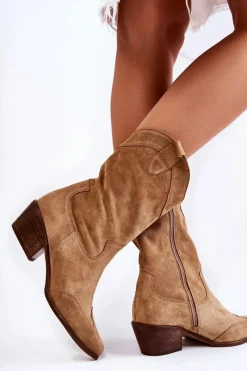 Hot Boto Zamszowe Kozaki Kowbojki Lewski Shoes 3198 Beżowe