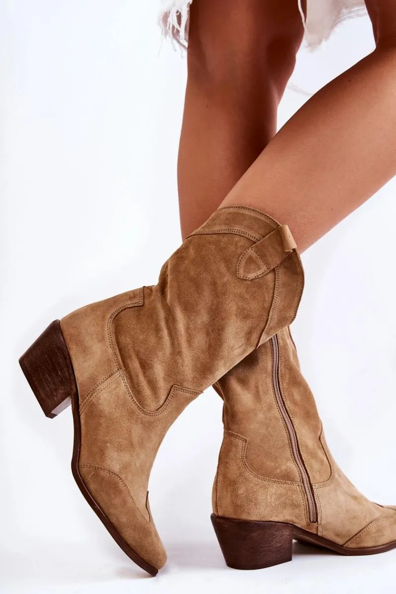 Hot Boto Zamszowe Kozaki Kowbojki Lewski Shoes 3198 Beżowe