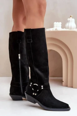 Outlet Zazoo Zamszowe Kozaki Kowbojki Na Niskim Obcasie Z Ozdobą 3656 Czarne