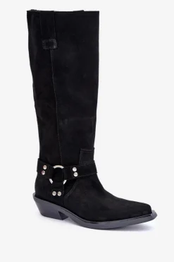 Outlet Zazoo Zamszowe Kozaki Kowbojki Na Niskim Obcasie Z Ozdobą 3656 Czarne