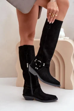 Outlet Zazoo Zamszowe Kozaki Kowbojki Na Niskim Obcasie Z Ozdobą 3656 Czarne