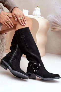 Outlet Zazoo Zamszowe Kozaki Kowbojki Na Niskim Obcasie Z Ozdobą 3656 Czarne