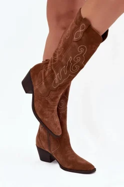 Zazoo Zamszowe Kozaki Kowbojki Damskie Na Obcasie Camel Karira Brązowy