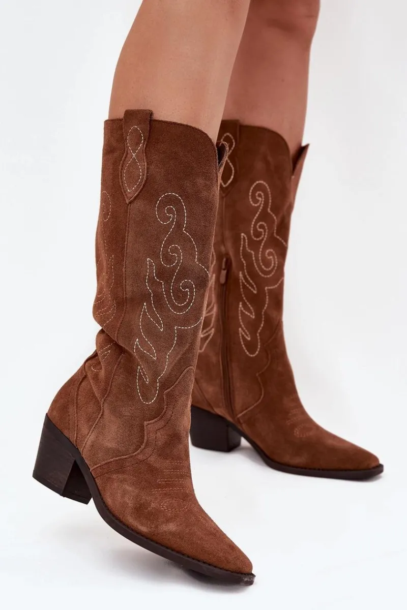 Zazoo Zamszowe Kozaki Kowbojki Damskie Na Obcasie Camel Karira Brązowy