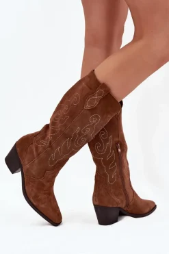 Zazoo Zamszowe Kozaki Kowbojki Damskie Na Obcasie Camel Karira Brązowy