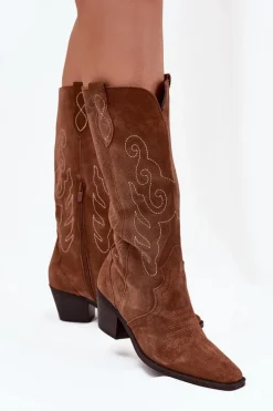 Zazoo Zamszowe Kozaki Kowbojki Damskie Na Obcasie Camel Karira Brązowy