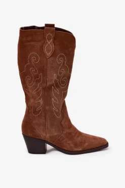 Zazoo Zamszowe Kozaki Kowbojki Damskie Na Obcasie Camel Karira Brązowy