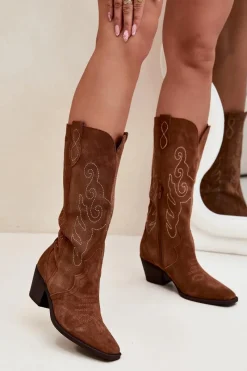 Zazoo Zamszowe Kozaki Kowbojki Damskie Na Obcasie Camel Karira Brązowy