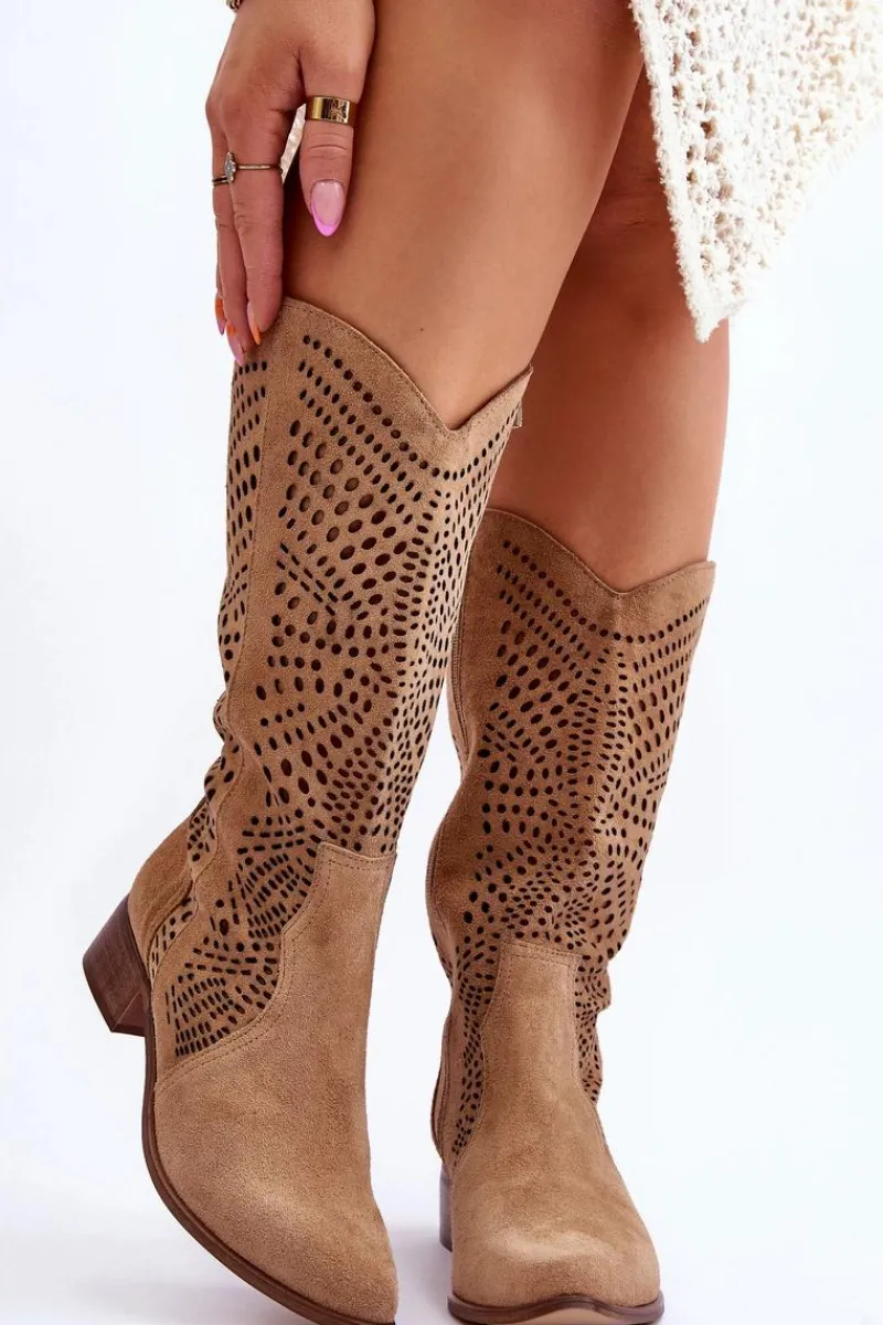 Kozaki Wiosenne|Kozaki Ażurowe>Zazoo Zamszowe Kozaki Kowbojki Przed Kolano Lewski Shoes 3305 Beżowe