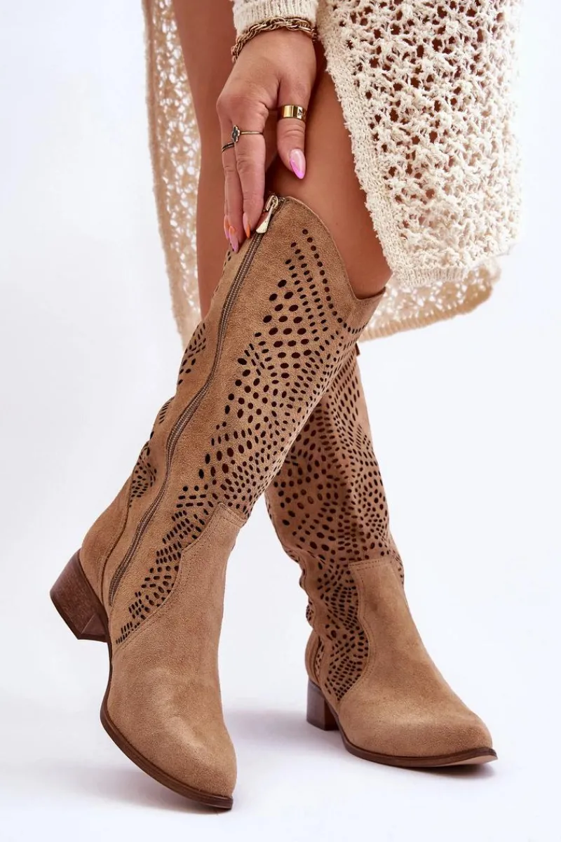 Kozaki Wiosenne|Kozaki Ażurowe>Zazoo Zamszowe Kozaki Kowbojki Przed Kolano Lewski Shoes 3305 Beżowe