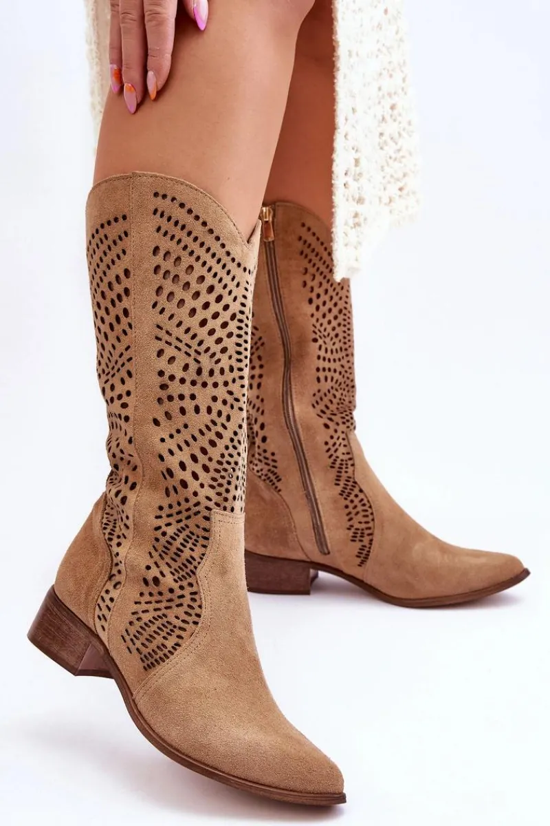 Kozaki Wiosenne|Kozaki Ażurowe>Zazoo Zamszowe Kozaki Kowbojki Przed Kolano Lewski Shoes 3305 Beżowe