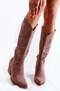 Kozaki Wiosenne|Kozaki Przed Kolano>Boto Zamszowe Kozaki Kowbojki Z Ażurowym Wzorem Brązowe Naya