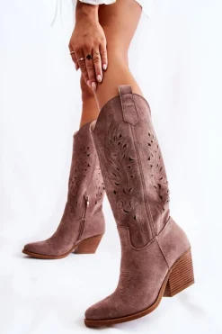 Kozaki Wiosenne|Kozaki Przed Kolano></noscript>Boto Zamszowe Kozaki Kowbojki Z Ażurowym Wzorem Brązowe Naya