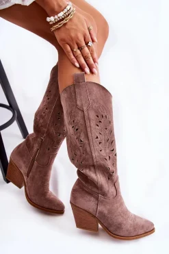 Kozaki Wiosenne|Kozaki Przed Kolano></noscript>Boto Zamszowe Kozaki Kowbojki Z Ażurowym Wzorem Brązowe Naya