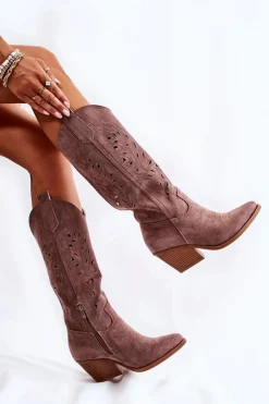 Kozaki Wiosenne|Kozaki Przed Kolano></noscript>Boto Zamszowe Kozaki Kowbojki Z Ażurowym Wzorem Brązowe Naya