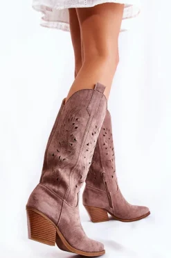 Kozaki Wiosenne|Kozaki Przed Kolano></noscript>Boto Zamszowe Kozaki Kowbojki Z Ażurowym Wzorem Brązowe Naya