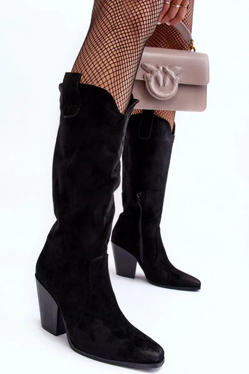 New Zamszowe Kozaki Kowbojki Na Obcasie Czarne Tortana Damskie Kozaki Wiosenne|Kozaki Przed Kolano