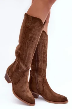 Kozaki Wiosenne|Kozaki Przed Kolano>Boto Zamszowe Kozaki Kowbojki Na Niskim Obcasie Brązowe Lunah