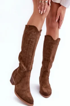 Kozaki Wiosenne|Kozaki Przed Kolano></noscript>Boto Zamszowe Kozaki Kowbojki Na Niskim Obcasie Brązowe Lunah