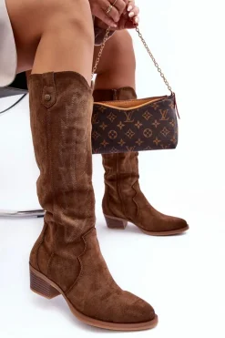 Kozaki Wiosenne|Kozaki Przed Kolano></noscript>Boto Zamszowe Kozaki Kowbojki Na Niskim Obcasie Brązowe Lunah