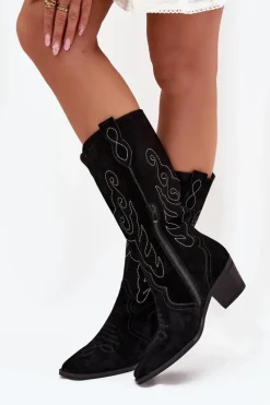 New Zamszowe Kozaki Kowbojki Damskie Na Obcasie Czarne Karira Damskie Kozaki Ocieplane|Kozaki Na Słupku