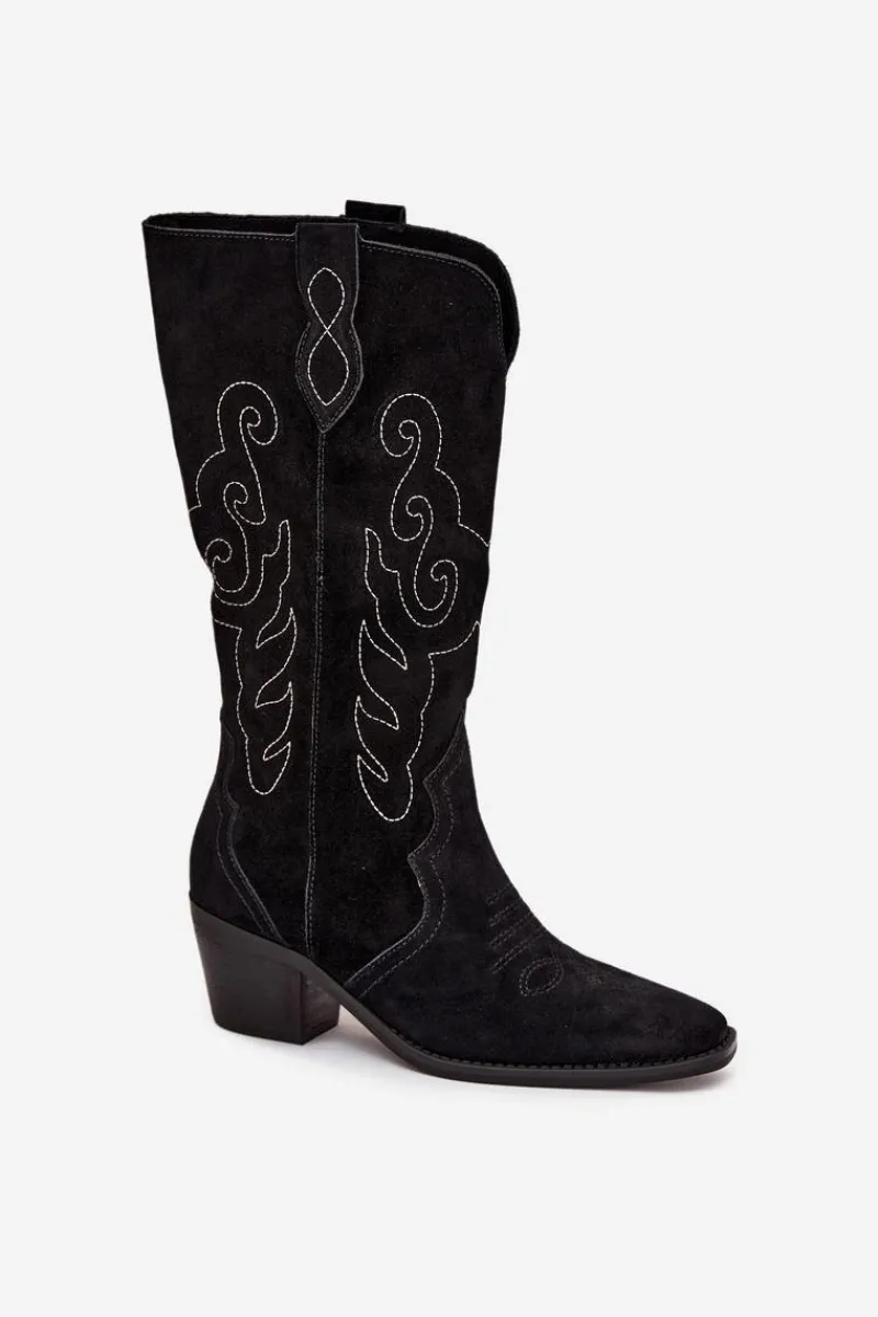 New Zamszowe Kozaki Kowbojki Damskie Na Obcasie Czarne Karira Damskie Kozaki Ocieplane|Kozaki Na Słupku