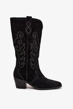 New Zamszowe Kozaki Kowbojki Damskie Na Obcasie Czarne Karira Damskie Kozaki Ocieplane|Kozaki Na Słupku