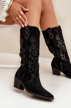 New Zamszowe Kozaki Kowbojki Damskie Na Obcasie Czarne Karira Damskie Kozaki Ocieplane|Kozaki Na Słupku