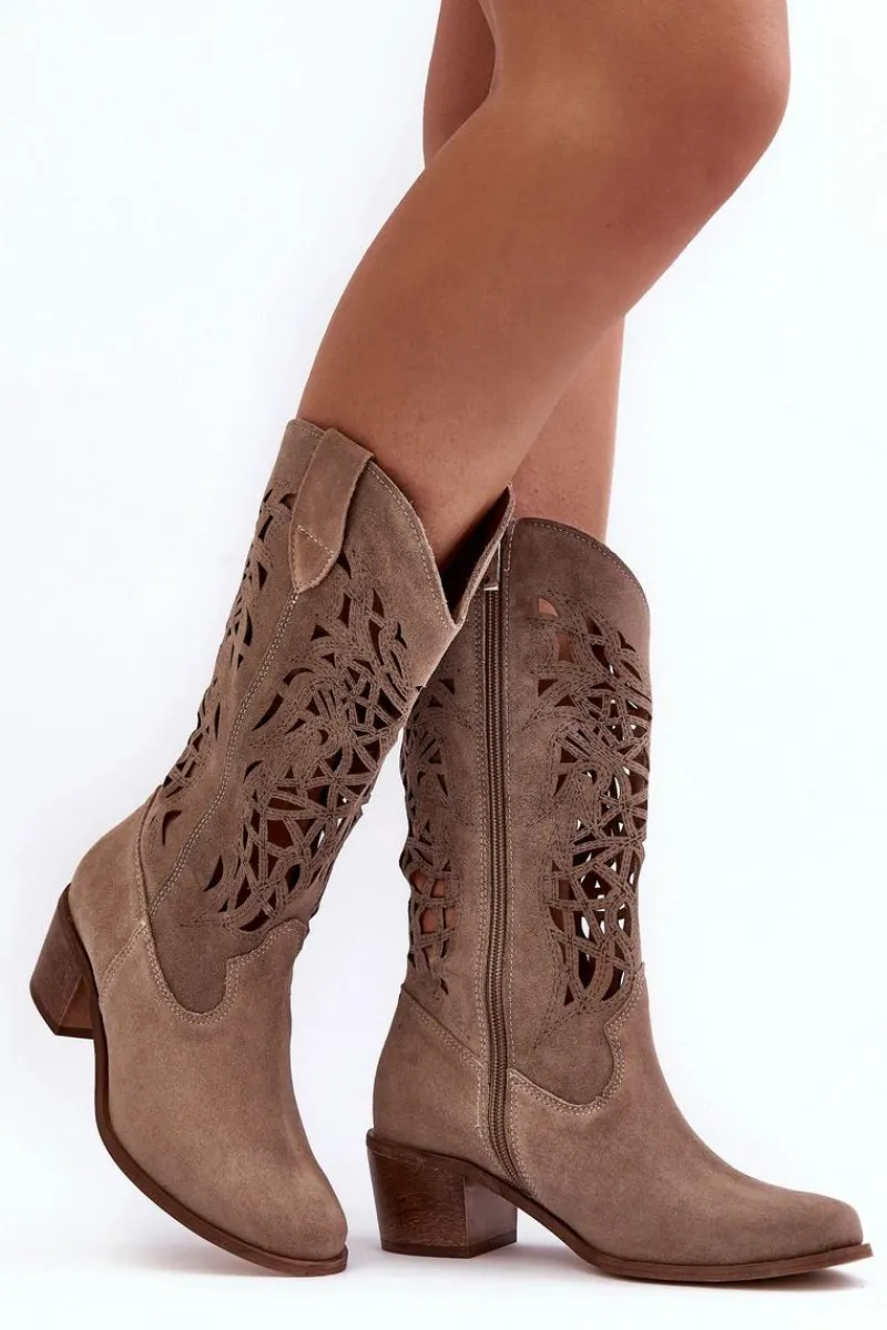 Sale Zamszowe Kozaki Kowbojki Ażurowe Ciemnobeżowe Lewski 3320 Damskie Kozaki Wiosenne|Kozaki Ażurowe
