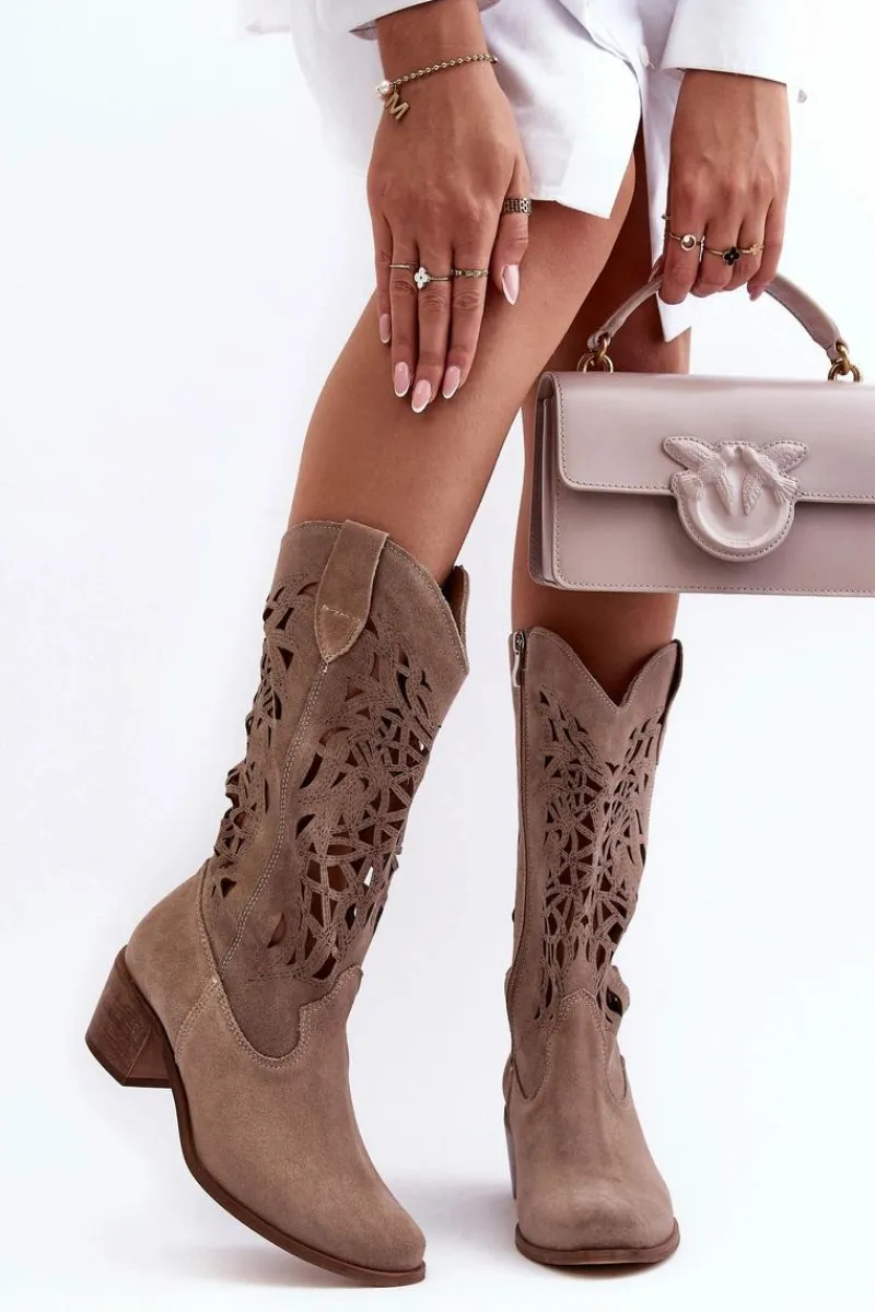 Sale Zamszowe Kozaki Kowbojki Ażurowe Ciemnobeżowe Lewski 3320 Damskie Kozaki Wiosenne|Kozaki Ażurowe