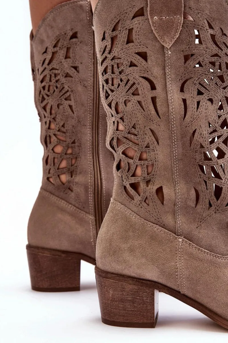 Sale Zamszowe Kozaki Kowbojki Ażurowe Ciemnobeżowe Lewski 3320 Damskie Kozaki Wiosenne|Kozaki Ażurowe