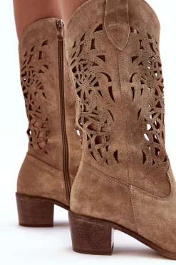 Clearance Boto Zamszowe Kozaki Kowbojki Ażurowe Beżowe Lewski 3320