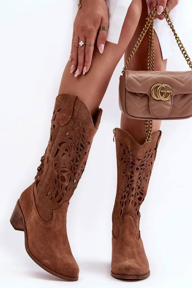 Kozaki Wiosenne|Kozaki Ażurowe>Boto Zamszowe Kozaki Kowbojki Ażurowe Brązowe Lewski 3320