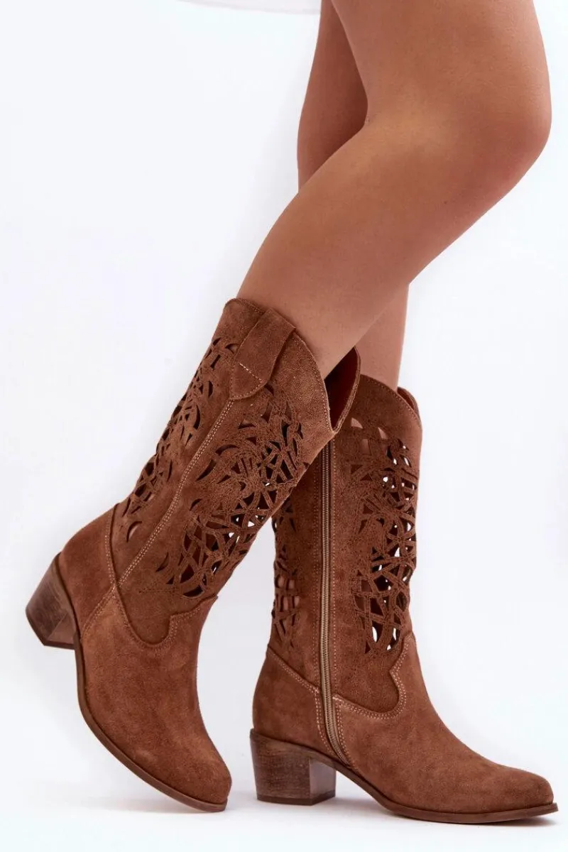 Kozaki Wiosenne|Kozaki Ażurowe>Boto Zamszowe Kozaki Kowbojki Ażurowe Brązowe Lewski 3320