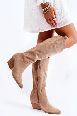 Sale Zamszowe Kozaki Kowbojki Z Przeszyciami Ciemnobeżowe Beverly Damskie Kozaki Wiosenne|Kozaki Przed Kolano