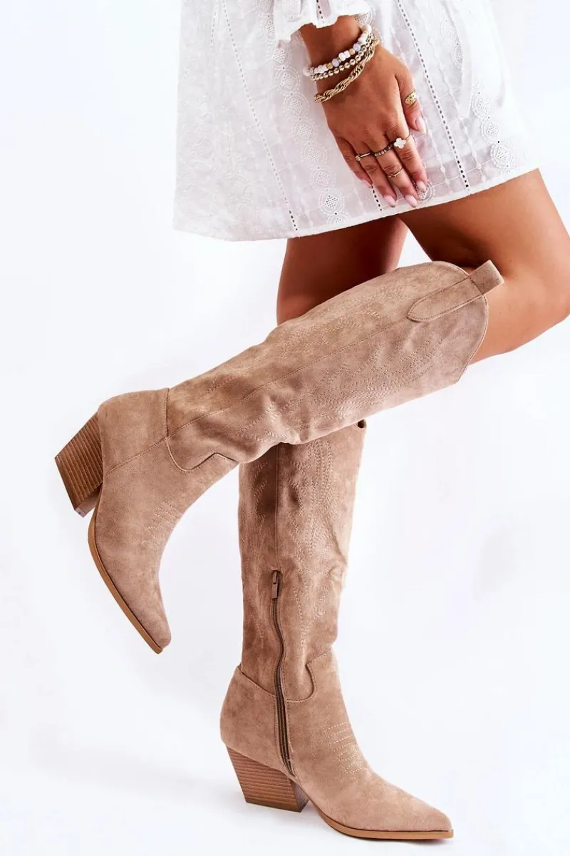 Sale Zamszowe Kozaki Kowbojki Z Przeszyciami Ciemnobeżowe Beverly Damskie Kozaki Wiosenne|Kozaki Przed Kolano