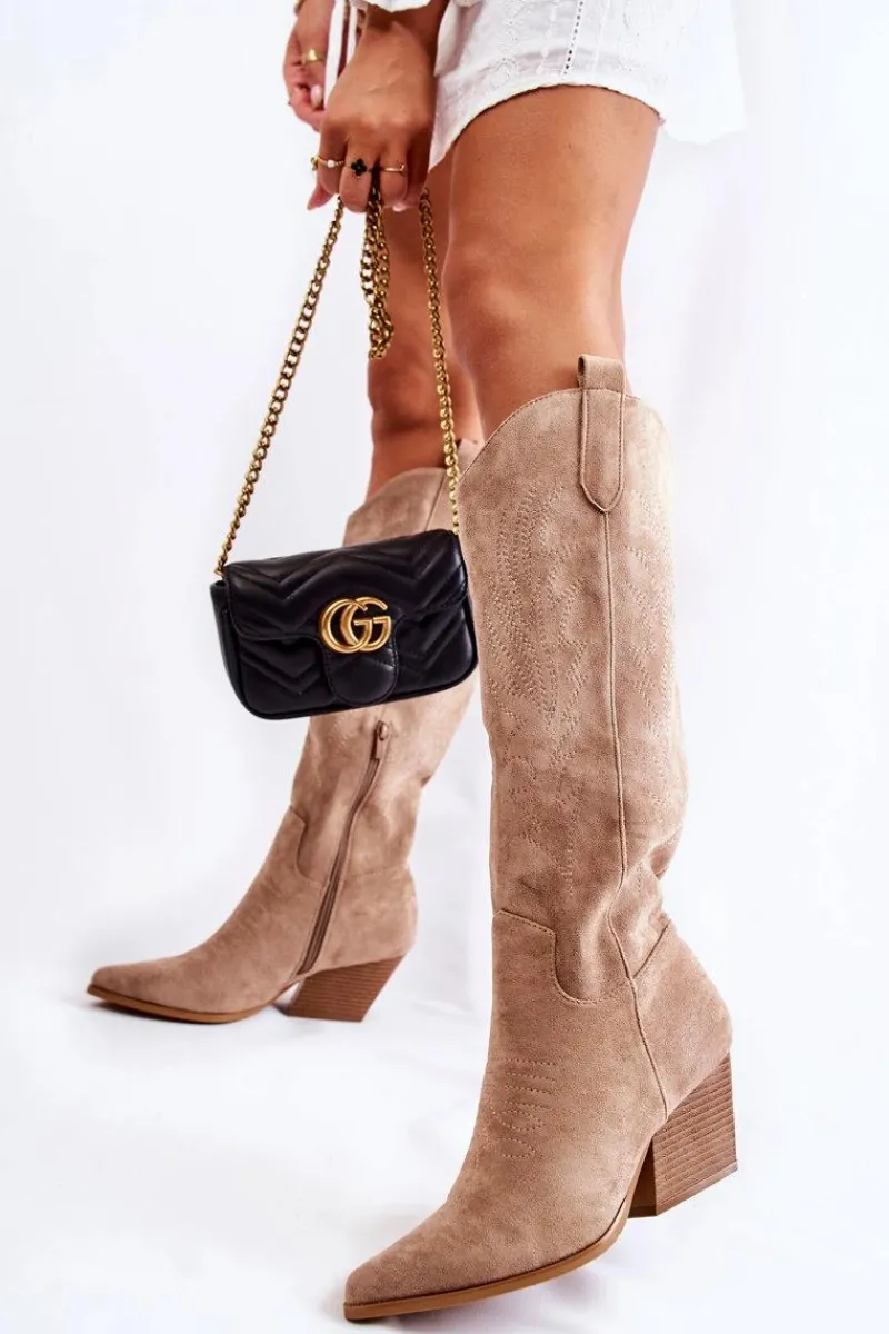 Sale Zamszowe Kozaki Kowbojki Z Przeszyciami Ciemnobeżowe Beverly Damskie Kozaki Wiosenne|Kozaki Przed Kolano