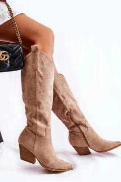 Sale Zamszowe Kozaki Kowbojki Z Przeszyciami Ciemnobeżowe Beverly Damskie Kozaki Wiosenne|Kozaki Przed Kolano