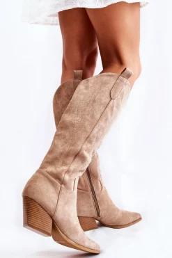 Sale Zamszowe Kozaki Kowbojki Z Przeszyciami Ciemnobeżowe Beverly Damskie Kozaki Wiosenne|Kozaki Przed Kolano