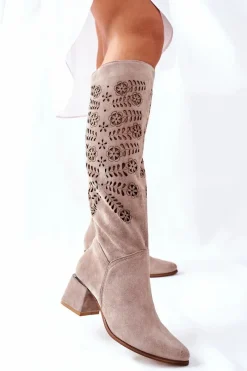 Hot Boto Zamszowe Kozaki Lewski Ażurowe Beżowe Romena