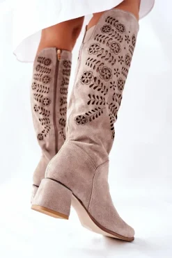 Hot Boto Zamszowe Kozaki Lewski Ażurowe Beżowe Romena