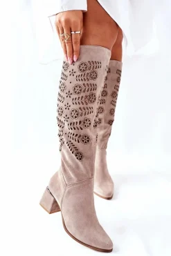 Hot Boto Zamszowe Kozaki Lewski Ażurowe Beżowe Romena