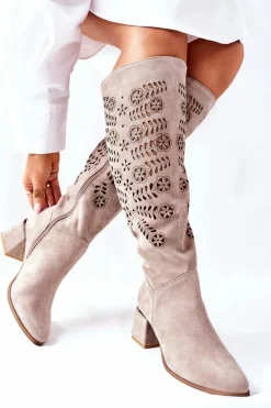 Hot Boto Zamszowe Kozaki Lewski Ażurowe Beżowe Romena
