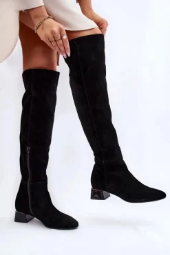 New Zamszowe Kozaki Muszkieterki 2221 Czarne Damskie Kozaki Przed Kolano|Kozaki Na Obcasie