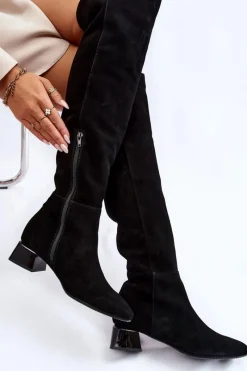 New Zamszowe Kozaki Muszkieterki 2221 Czarne Damskie Kozaki Przed Kolano|Kozaki Na Obcasie