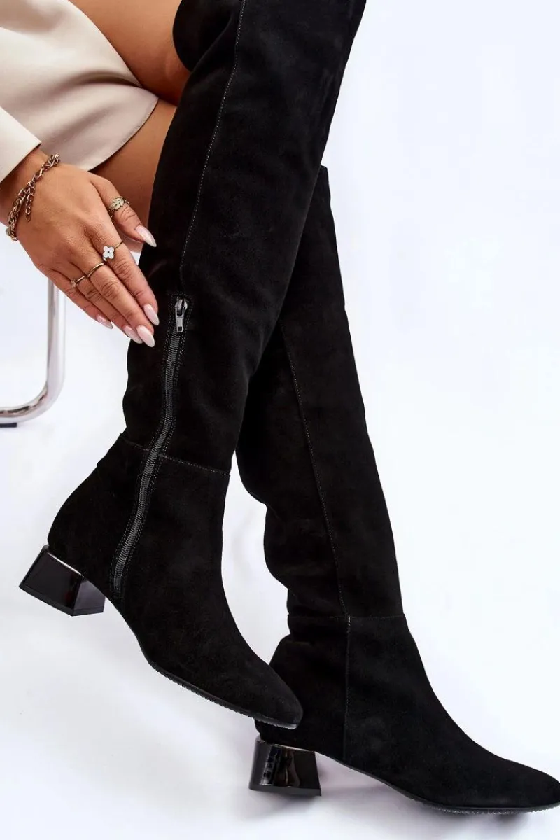 New Zamszowe Kozaki Muszkieterki 2221 Czarne Damskie Kozaki Przed Kolano|Kozaki Na Obcasie