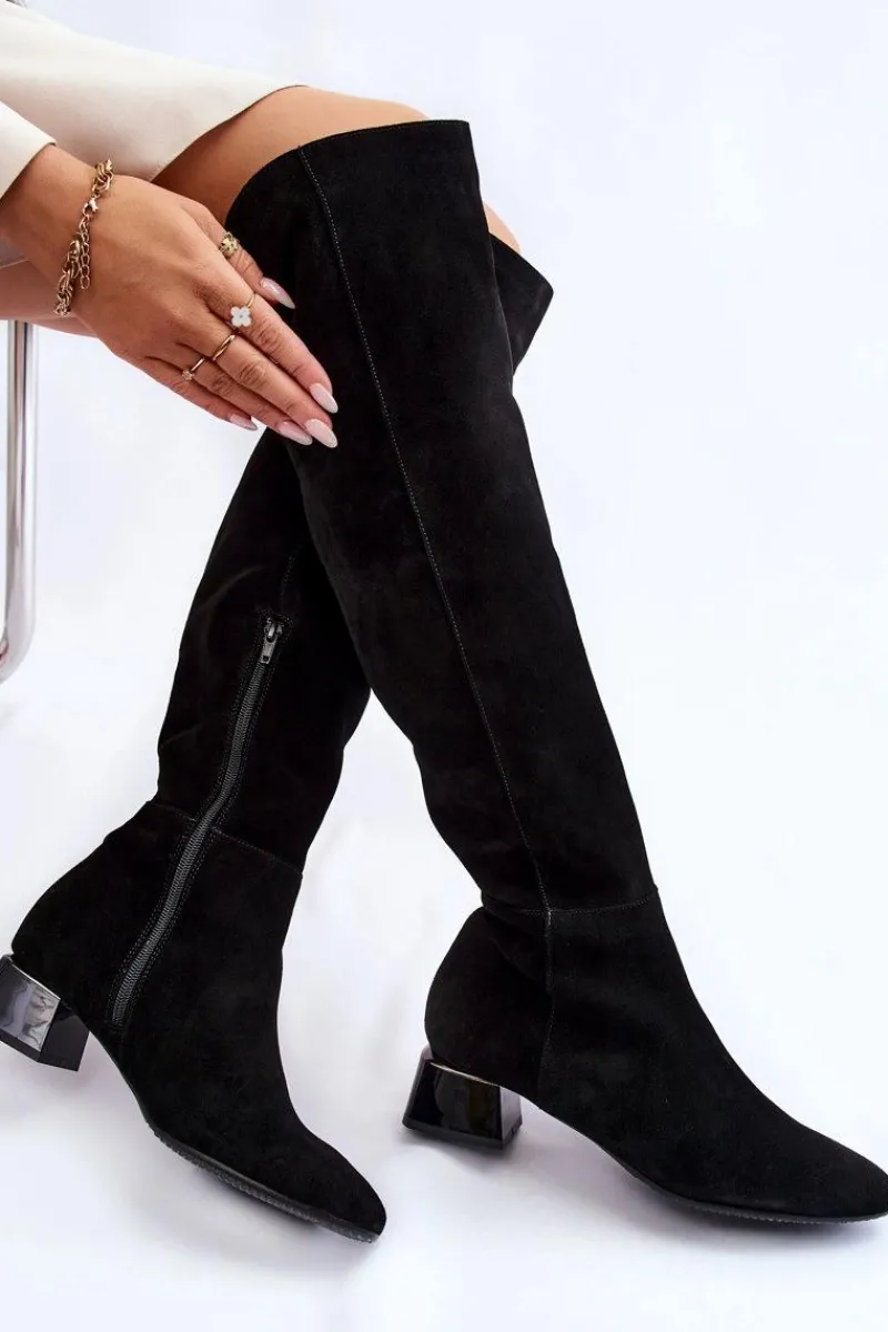 New Zamszowe Kozaki Muszkieterki 2221 Czarne Damskie Kozaki Przed Kolano|Kozaki Na Obcasie