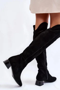 New Zamszowe Kozaki Muszkieterki 2221 Czarne Damskie Kozaki Przed Kolano|Kozaki Na Obcasie