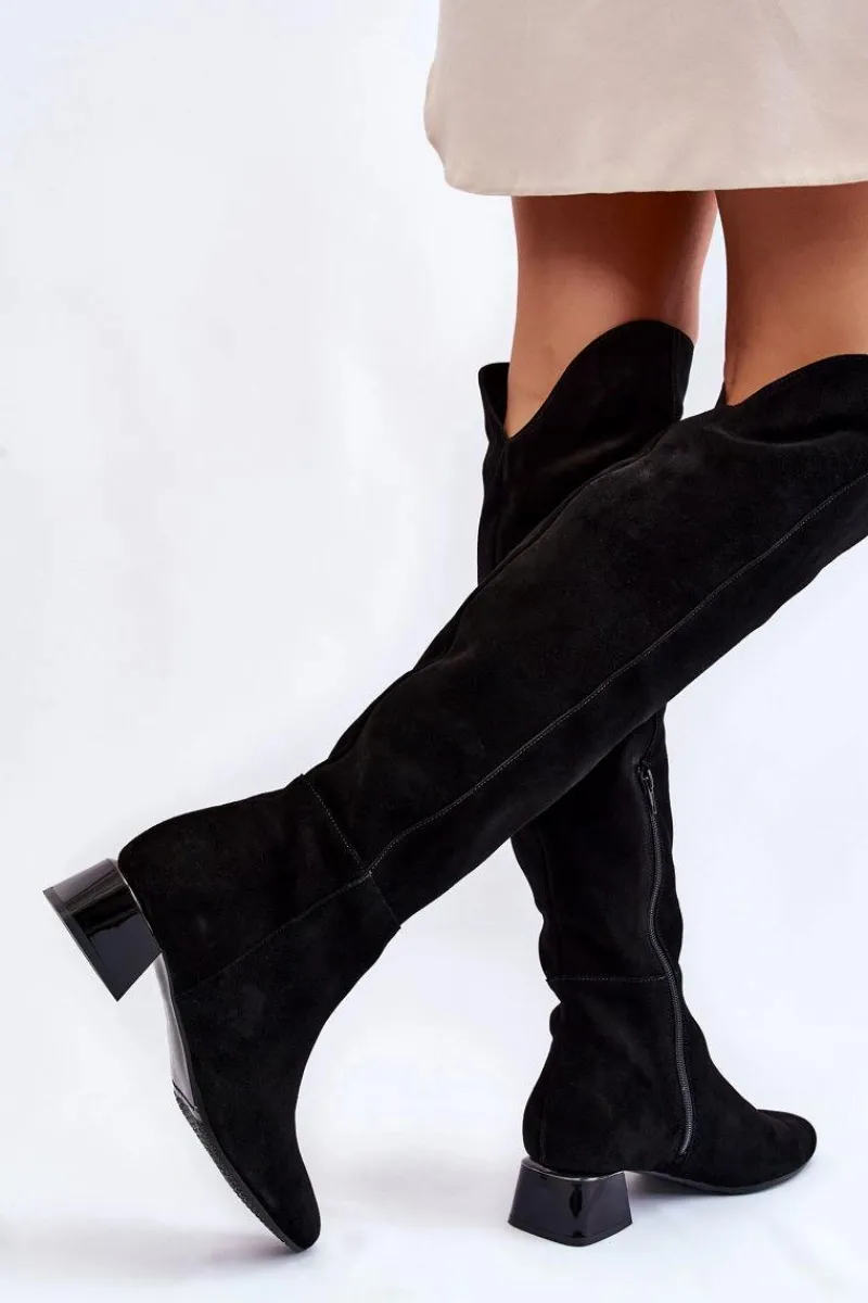 New Zamszowe Kozaki Muszkieterki 2221 Czarne Damskie Kozaki Przed Kolano|Kozaki Na Obcasie